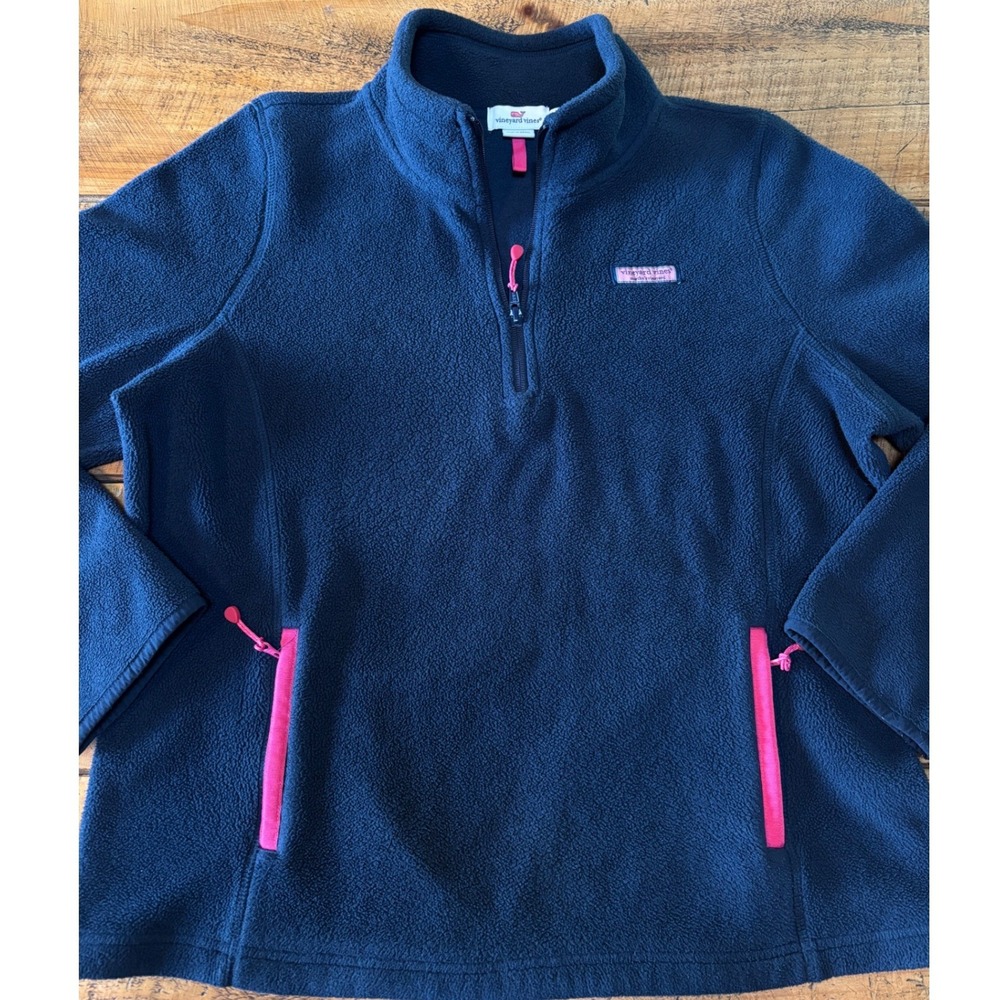 Vineyard Vines Womens Navy Blue 1/4 Zip Fleece Pullover Pockets Size XL